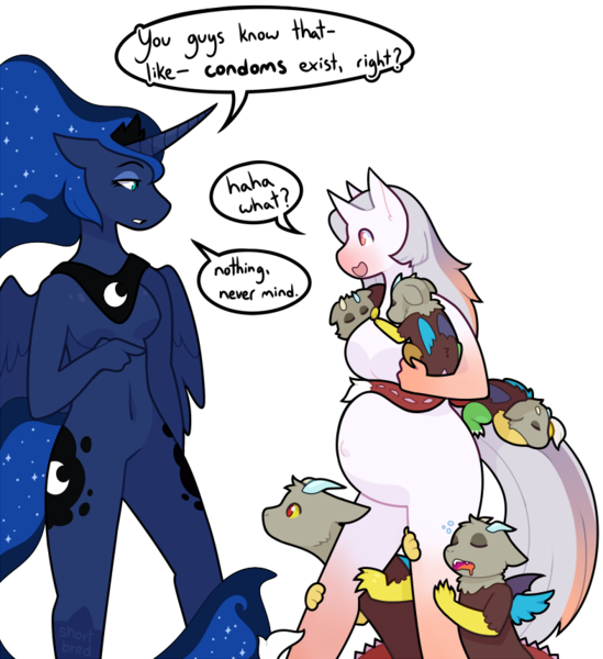 Size: 785x858 | Tagged: questionable, artist:shortbred, derpibooru import, princess luna, oc, oc:taffeta, anthro, baby discord, barbie doll anatomy, bipedal, canon x oc, image, implied discord, parent:discord, png, pregnant, simple background, transparent background