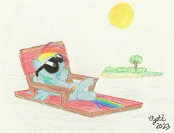 Size: 2530x1948 | Tagged: safe, artist:opti, derpibooru import, rainbow dash, pegasus, pony, atg 2023, image, island, jpeg, lake, lying down, newbie artist training grounds, on back, solo, sun, sunglasses, traditional art, tree, water