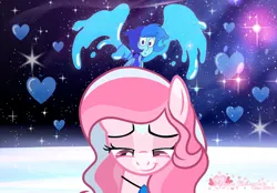 Size: 1601x1112 | Tagged: safe, artist:tanahgrogot, derpibooru import, oc, oc:annisa the good pony, earth pony, pony, bedroom eyes, crossover, duo, duo female, female, heart, image, jewelry, lapis lazuli (steven universe), looking at you, mare, necklace, open mouth, png, smiling, space, sparkles, steven universe, water, watermark, worried smile