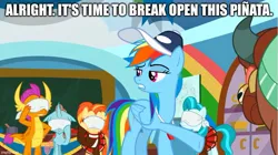 Size: 893x499 | Tagged: safe, derpibooru import, edit, edited screencap, screencap, lighthoof, ocellus, rainbow dash, shimmy shake, smolder, yona, 2 4 6 greaaat, blindfold, caption, image, image macro, jpeg, text