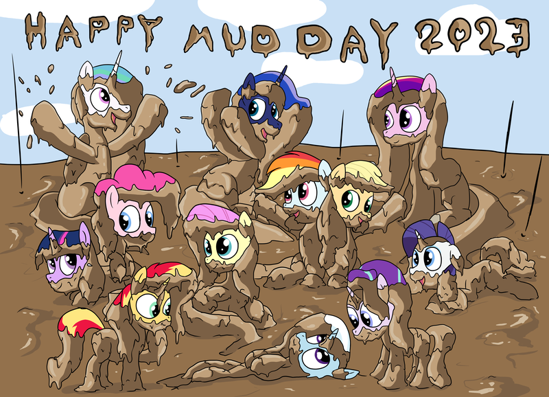 Size: 3600x2600 | Tagged: safe, alternate version, artist:amateur-draw, derpibooru import, applejack, fluttershy, pinkie pie, princess cadance, princess celestia, princess luna, rainbow dash, rarity, twilight sparkle, twilight sparkle (alicorn), alicorn, earth pony, pegasus, pony, unicorn, covered in mud, female, image, mane six, mare, mud, mud bath, mud play, mud pony, muddy, png, wet and messy