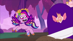 Size: 1920x1080 | Tagged: safe, derpibooru import, screencap, pipp petals, pegasus, pony, raccoon, g5, my little pony: tell your tale, spoiler:g5, spoiler:my little pony: tell your tale, spoiler:tyts01e55, animated, bridlewoodstock (tell your tale), charge, cookie, covered in mud, crying, cup, female, flying, food, forest, image, male, mare, mud, pushing, raccoonicorn, solo, supplies, teacup, tree, wagon, webm