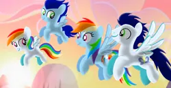 Size: 1980x1020 | Tagged: safe, artist:mlplary6, derpibooru import, rainbow dash, soarin', oc, oc:blue skies, oc:speedy dash, pegasus, pony, colt, family, female, filly, flying, foal, husband and wife, image, looking at each other, looking at someone, male, mare, offspring, parent:rainbow dash, parent:soarin', parents:soarindash, png, shipping, sky, smiling, smiling at each other, soarindash, stallion, straight, sunset