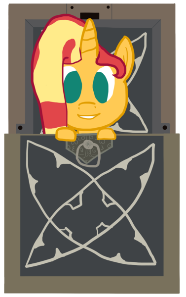 Size: 1695x2695 | Tagged: safe, artist:wissle, derpibooru import, sunset shimmer, pony, unicorn, atg 2023, box, cube, diablo (series), diablo ii, female, horadric cube, image, mare, newbie artist training grounds, png, pony in a box, simple background, solo, transparent background