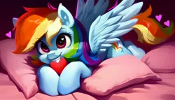 Size: 2688x1536 | Tagged: safe, derpibooru import, machine learning generated, stable diffusion, rainbow dash, pegasus, pony, ai content, cute, dashabetes, derpibooru exclusive, female, generator:pony diffusion v5, heart, heart eyes, image, jpeg, looking at you, lying down, mare, pillow, prompter:siber, smiling, smiling at you, solo, wingding eyes