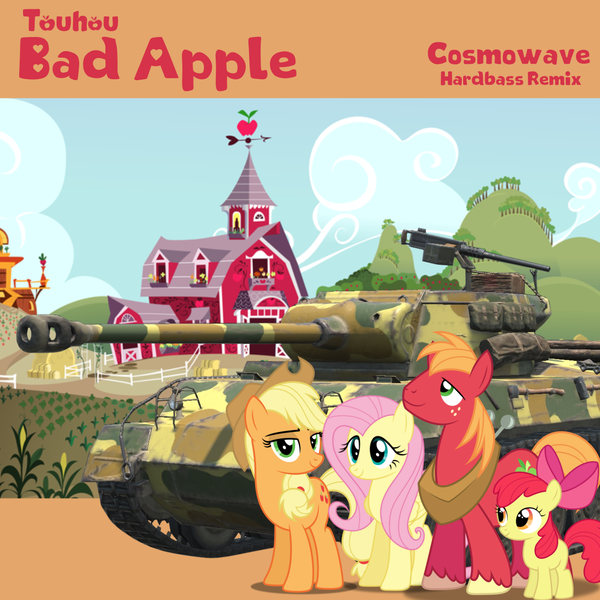 Size: 1280x1280 | Tagged: safe, artist:dashiesparkle, artist:edy_january, derpibooru import, edit, apple bloom, applejack, big macintosh, fluttershy, granny smith, earth pony, pegasus, pony, album, album cover, album parody, apple family, apple farm, bad apple (song), cosmowave, cosmowave hardbass, female, fluttermac, gun, hardbass, heavy machine gun, image, link in description, m18 hellcat, m2 browning, machine gun, male, music, parody, png, shipping, song, straight, sweet apple acres, tank (vehicle), touhou, vector used, weapon, world of tanks, world of tanks blitz