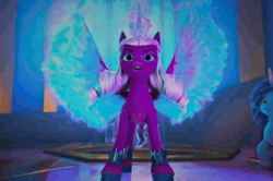Size: 1542x1026 | Tagged: safe, derpibooru import, edit, edited screencap, screencap, g5, my little pony: make your mark, spoiler:g5, spoiler:my little pony: make your mark, spoiler:my little pony: make your mark chapter 4, spoiler:mymc04e02, animated, burst, cropped, fire, gif, image, magic, misty brightdawn, my little pony: make your mark chapter 4, on fire, opaline arcana, popping, scared, spread wings, throne room, top remodel, wings