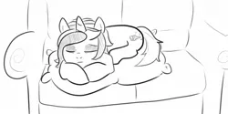 Size: 1648x826 | Tagged: safe, artist:zan logemlor, derpibooru import, oc, oc:fine wine, unofficial characters only, pony, unicorn, couch, eyes closed, female, grayscale, horn, image, jpeg, lying down, mare, monochrome, pillow, pixiv, prone, sleeping, solo, unicorn oc