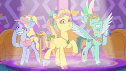 Size: 640x360 | Tagged: safe, derpibooru import, screencap, posey (g5), earth pony, pegasus, pony, g5, my little pony: tell your tale, spoiler:g5, spoiler:my little pony: tell your tale, spoiler:tyts01e55, animated, bridlewoodstock (tell your tale), eyeshadow, female, fifi (g5), gif, image, makeup, male, mare, mohawk, raised hoof, spotlight, spread wings, stallion, thunder flap, trio, wings