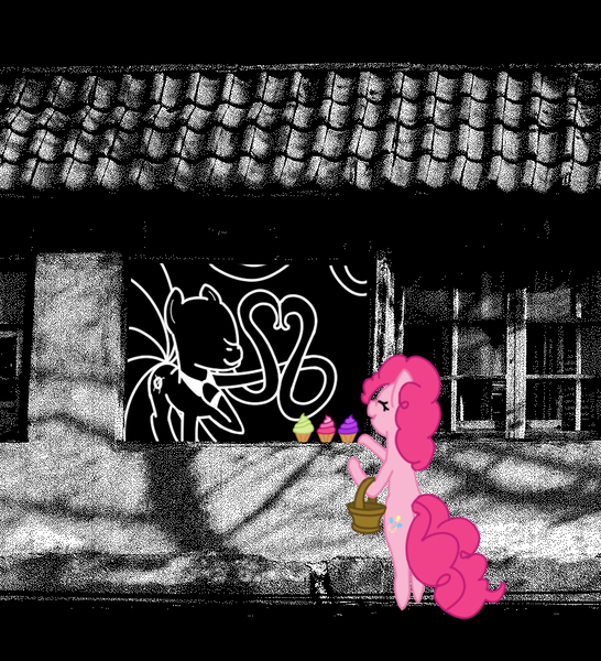 Size: 886x974 | Tagged: semi-grimdark, artist:n', derpibooru import, pinkie pie, oc, earth pony, pony, cupcake, food, image, monochrome, png, slenderpony