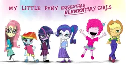 Size: 4300x2220 | Tagged: safe, artist:chopsticks, derpibooru import, applejack, fluttershy, pinkie pie, rainbow dash, rarity, sci-twi, twilight sparkle, human, equestria girls, adoracreepy, bandage, bow, braces, child, clothes, creepy, cute, equestria girls 10th anniversary, female, gap teeth, glasses, gold tooth, hair bow, hands behind back, hat, humane five, humane six, image, jumping, looking at you, one eye closed, overalls, pigtails, png, ponytail, scuff mark, shoes, shorts, skirt, smiling, smoldash, stray strand, text, wink, younger