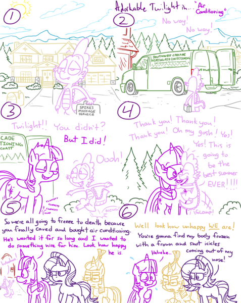 Size: 4779x6013 | Tagged: safe, artist:adorkabletwilightandfriends, derpibooru import, moondancer, starlight glimmer, twilight sparkle, twilight sparkle (alicorn), alicorn, comic:adorkable twilight and friends, adorkable, air conditioner, automobile, back, back of head, car, celebration, complaining, cute, dork, happy, house, hug, image, jumping, png, smiling, tapping, unhappy, van