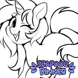 Size: 829x828 | Tagged: safe, artist:stablegrass, derpibooru import, oc, oc:seafood dinner, unofficial characters only, pony, unicorn, female, horn, image, looking at you, mare, one eye closed, open mouth, open smile, png, smiling, solo, unicorn oc, wink