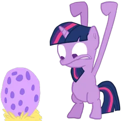 Size: 2417x2398 | Tagged: safe, artist:wissle, derpibooru import, twilight sparkle, pony, unicorn, the cutie mark chronicles, atg 2023, bipedal, dragon egg, egg, female, filly, filly twilight sparkle, foal, image, long legs, nervous, newbie artist training grounds, png, simple background, solo, spike's egg, transparent background, unicorn twilight, wide eyes, younger
