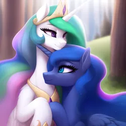 Size: 2048x2048 | Tagged: safe, derpibooru import, machine learning generated, stable diffusion, princess celestia, princess luna, alicorn, pony, ai content, cute, ethereal mane, female, folded wings, hug, image, png, siblings, sisters, wings