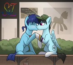 Size: 1920x1715 | Tagged: safe, artist:tsswordy, derpibooru import, oc, oc:leo hawk, oc:swordy, unofficial characters only, earth pony, pegasus, pony, blushing, bush, duo, gay, hat, heart, image, kiss on the lips, kissing, male, mall, png, pride month, romantic, wings