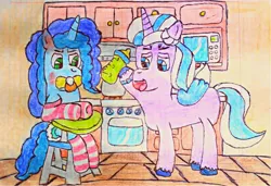 Size: 1945x1330 | Tagged: safe, derpibooru import, alicorn, unicorn, g5, my little pony: a new generation, my little pony: make your mark, my little pony: tell your tale, abdl, baby bottle, baby chair, baby food, blue eyes, clothes, colored background, diaper, diaper fetish, dry diaper, feeding, fetish, green eyes, hooves, image, kitchen, microwave, misty brightdawn, opaline arcana, open mouth, pacifier, png, socks, stove, striped socks, wood