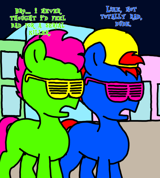 Size: 3023x3351 | Tagged: safe, artist:professorventurer, derpibooru import, oc, oc:brodude, oc:dudebro, series:ask pippamena, '90s, dialogue, image, maretime bay, needs more saturation, png, talking, the dudebro twins