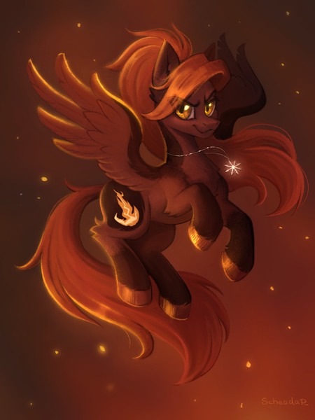 Size: 1500x2000 | Tagged: safe, artist:scheadar, derpibooru import, oc, oc:kometka, unofficial characters only, pegasus, amulet, embers, female, flying, image, jewelry, jpeg, pegasus oc, solo, solo female, wings