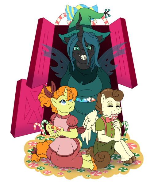 Size: 3343x3998 | Tagged: safe, artist:faitheverlasting, derpibooru import, pound cake, pumpkin cake, queen chrysalis, anthro, changeling, changeling queen, pegasus, unguligrade anthro, unicorn, cake twins, candy, evil grin, fairy tale, female, food, grin, hansel and gretel, image, male, png, sharp teeth, siblings, smiling, teeth, trio, twins, witch