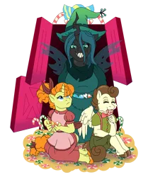 Size: 3343x3998 | Tagged: safe, artist:faitheverlasting, derpibooru import, pound cake, pumpkin cake, queen chrysalis, anthro, changeling, changeling queen, pegasus, unguligrade anthro, unicorn, cake twins, candy, evil grin, fairy tale, female, food, grin, hansel and gretel, image, male, png, sharp teeth, siblings, smiling, teeth, trio, twins, witch