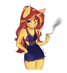 Size: 1840x2002 | Tagged: safe, artist:tomi_ouo, derpibooru import, sunset shimmer, anthro, bikini, bikini top, cigarette, clothes, female, frown, image, png, see-through, see-through shirt, shirt, shorts, signature, simple background, smoke, smoking, solo, swimsuit, tanktop, torn clothes, white background