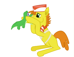 Size: 1895x1447 | Tagged: safe, artist:spookitty, derpibooru import, carrot cake, gummy, alligator, crocodile, pony, animated, apron, biting, clothes, gif, hat, image, male, pet, simple background, stuck, stuck together, white background