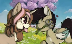 Size: 1850x1154 | Tagged: safe, artist:marsminer, derpibooru import, oc, oc:daisybell, oc:keith, unofficial characters only, pegasus, pony, unicorn, g5, colored wings, duo, ear fluff, flower, horn, image, mouth hold, pegasus oc, png, smiling, two toned wings, unicorn oc, wings