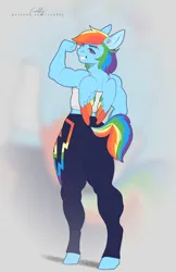 Size: 713x1100 | Tagged: safe, artist:evehly, derpibooru import, rainbow dash, anthro, pegasus, unguligrade anthro, ass, bicep flex, butt, clothes, colored wings, ear piercing, earring, eyebrow piercing, female, flexing, grin, image, jewelry, jpeg, leggings, looking at you, looking back, looking back at you, multicolored wings, muscles, muscular female, nose piercing, piercing, rainbow wings, rainbuff dash, rainbutt dash, rear view, smiling, solo, sports bra, wings