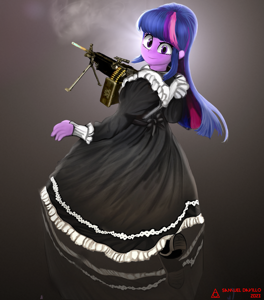 Size: 1321x1500 | Tagged: safe, artist:samueldavillo, derpibooru import, twilight sparkle, human, equestria girls, clothes, gun, image, looking at you, m249, machine gun, maid, maidlight sparkle, png, reflection, weapon