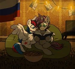 Size: 1708x1569 | Tagged: safe, artist:moonscream desepticon, derpibooru import, oc, oc:marussia, oc:morozov, ponified, unofficial characters only, pegasus, pony, unicorn, book, clothes, computer, cookie, couch, female, flag, food, glasses, image, laptop computer, male, mare, nation ponies, png, russia, stallion, wings