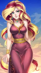 Size: 864x1536 | Tagged: safe, derpibooru import, editor:sammykun, machine learning generated, novelai, stable diffusion, sunset shimmer, human, equestria girls, ai content, bracelet, breasts, busty sunset shimmer, clothes, dress, humanized, image, jewelry, lips, long dress, long hair, looking at you, necklace, png, prompter:sammykun, reasonably sized breasts, request, requested art, skintight, skintight clothes, sky, smiling, waistband