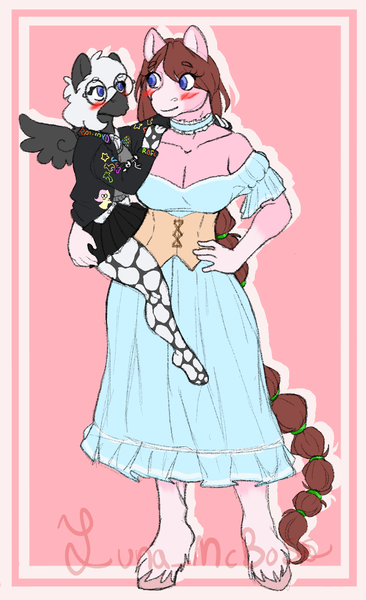 Size: 964x1579 | Tagged: safe, artist:luna_mcboss, derpibooru import, oc, oc:double stuff, oc:yamire, anthro, unguligrade anthro, anthro oc, blue eyes, blushing, brown hair, clothes, corset, dress, feathered fetlocks, feathered wings, glasses, gray coat, hair tie, height difference, image, jacket, long hair, mottled coat, pink background, pink coat, png, simple background, size difference, tall, white hair, wings