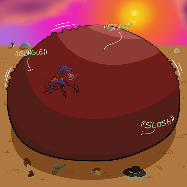Size: 4000x4000 | Tagged: questionable, artist:lukewarmluke, derpibooru import, oc, oc:connie morenacoco, earth pony, pony, belly, belly bed, big belly, bone, boots, butt, cactus, clothes, desert, digital art, earth pony oc, gun, hat, huge belly, huge butt, image, impossibly large belly, large belly, large butt, mass vore, multiple prey, onomatopoeia, png, shoes, skull, stomach growl, stomach noise, sunset, unknown prey, vore, weapon