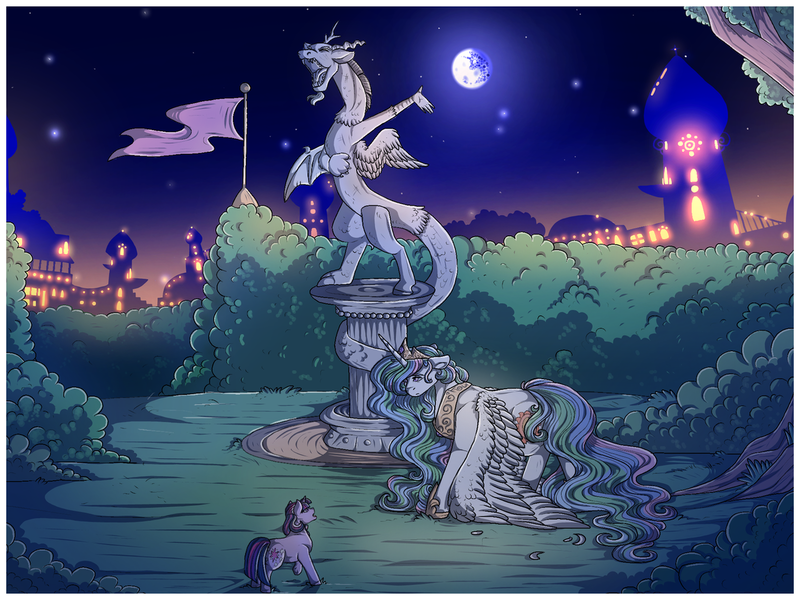 Size: 1280x960 | Tagged: safe, artist:binibean, derpibooru import, discord, princess celestia, twilight sparkle, alicorn, pony, unicorn, canterlot gardens, duo, female, filly, filly twilight sparkle, foal, full moon, image, looking back, mare, mare in the moon, moon, night, png, statue, story included, unicorn twilight, wings, wings down, younger