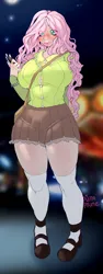 Size: 2000x5300 | Tagged: safe, artist:pupaprimeedition, derpibooru import, fluttershy, human, big breasts, blushing, breasts, busty fluttershy, carnival, clothes, erect nipples, eye clipping through hair, female, high res, humanized, image, kneesocks, mobile phone, night, nipple outline, phone, png, skirt, smartphone, socks, solo