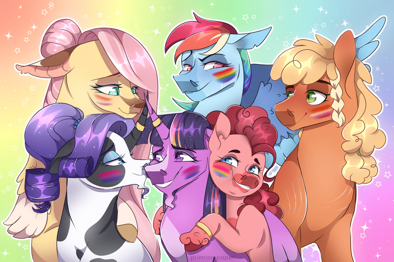 Size: 1280x854 | Tagged: safe, artist:primrosepaper, derpibooru import, applejack, fluttershy, pinkie pie, rainbow dash, rarity, twilight sparkle, twilight sparkle (alicorn), alicorn, earth pony, pegasus, pony, unicorn, alternate design, bracelet, coat markings, facial hair, female, floppy ears, goatee, grin, group hug, horn, horn ring, hug, image, jewelry, lesbian, mane six, mare, omniship, png, polyamory, pride flag, rainbow background, ring, shipping, smiling, twitterina design