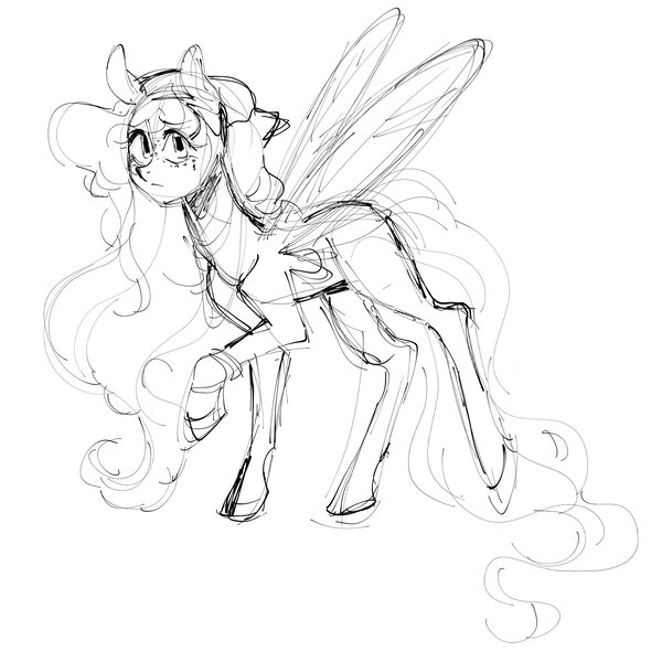 Size: 2048x2048 | Tagged: safe, artist:cartoonssams, derpibooru import, fluttershy, pegasus, pony, alternate design, female, grayscale, image, jpeg, mare, monochrome, raised hoof, simple background, sketch, solo, spread wings, white background, wings