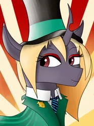 Size: 1248x1680 | Tagged: safe, artist:carolus rex, derpibooru import, changeling queen oc, oc, oc:queen helvia, unofficial characters only, changeling, changeling queen, equestria at war mod, changeling oc, clothes, female, gradient background, hat, image, necktie, png, solo, top hat, yellow mane