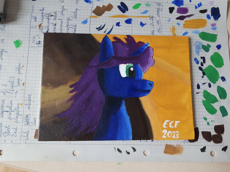 Size: 4608x3456 | Tagged: safe, artist:sapphie, derpibooru import, oc, oc:crystal dew, unofficial characters only, pony, unicorn, fanfic:fallout equestria - to bellenast, acrylic painting, blue coat, desert, female, green eyes, image, jpeg, painting, purple mane, signature, solo, traditional art, wind