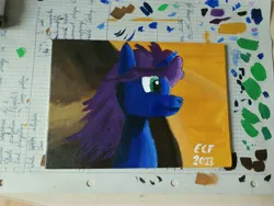 Size: 4608x3456 | Tagged: safe, artist:sapphie, derpibooru import, oc, oc:crystal dew, unofficial characters only, pony, unicorn, fanfic:fallout equestria - to bellenast, acrylic painting, blue coat, desert, female, green eyes, image, jpeg, painting, purple mane, signature, solo, traditional art, wind