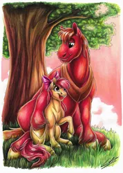 Size: 2479x3474 | Tagged: safe, artist:lupiarts, derpibooru import, apple bloom, big macintosh, earth pony, pony, brotherhooves social, brother and sister, copic, cute, duo, female, filly, foal, high res, hug, image, jpeg, male, marker drawing, markers, nature, scene interpretation, siblings, side hug, stallion, sunset, traditional art, tree, wholesome