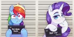 Size: 5000x2500 | Tagged: safe, artist:skysorbett, derpibooru import, rainbow dash, rarity, pegasus, pony, unicorn, barbie mugshot meme, duckface, female, g4, image, mare, meme, mugshot, png