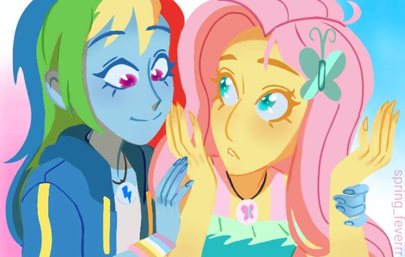 Size: 1310x832 | Tagged: safe, artist:springfeverrr, derpibooru import, fluttershy, rainbow dash, human, equestria girls, equestria girls series, rollercoaster of friendship, duo, duo female, female, flutterdash, image, jpeg, lesbian, looking back, scene interpretation, shipping, smiling