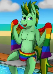 Size: 2768x3896 | Tagged: suggestive, artist:tacomytaco, derpibooru import, oc, oc:taco.m.tacoson, unofficial characters only, anthro, pegasus, belly button, clothes, crotch bulge, diving board, gay pride, image, looking at you, male, partial nudity, png, pride, pride flag, sitting, smiling, solo, solo male, speedo, sweat, swimming pool, swimsuit, topless