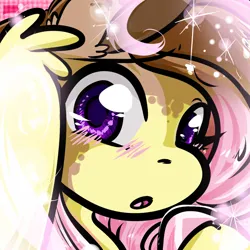 Size: 1050x1050 | Tagged: safe, artist:xizana, derpibooru import, fluttershy, pegasus, pony, blushing, bust, colored hooves, furry to pony, image, jpeg, looking at you, open mouth, portrait, solo, transformation