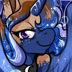 Size: 1050x1050 | Tagged: safe, artist:xizana, derpibooru import, princess luna, alicorn, pony, bust, furry to pony, image, jpeg, looking at you, portrait, smiling, solo, transformation