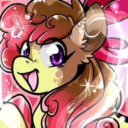 Size: 1050x1050 | Tagged: safe, artist:xizana, derpibooru import, apple bloom, earth pony, pony, bust, colored hooves, eye clipping through hair, furry to pony, image, jpeg, looking at you, open mouth, open smile, smiling, solo, transformation