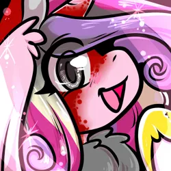 Size: 1050x1050 | Tagged: safe, artist:xizana, derpibooru import, princess cadance, alicorn, pony, blushing, bust, eye clipping through hair, furry to pony, image, jpeg, looking at you, open mouth, open smile, portrait, smiling, solo, transformation
