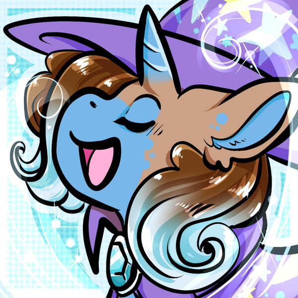 Size: 1050x1050 | Tagged: safe, artist:xizana, derpibooru import, trixie, pony, unicorn, bust, cape, clothes, eyes closed, furry to pony, hat, image, jpeg, open mouth, portrait, smiling, solo, transformation, trixie's cape, trixie's hat